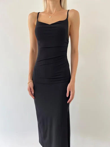 Elegant Black Jersey Sheath/Column Cowl Neck Split Midi Dress PT02024193