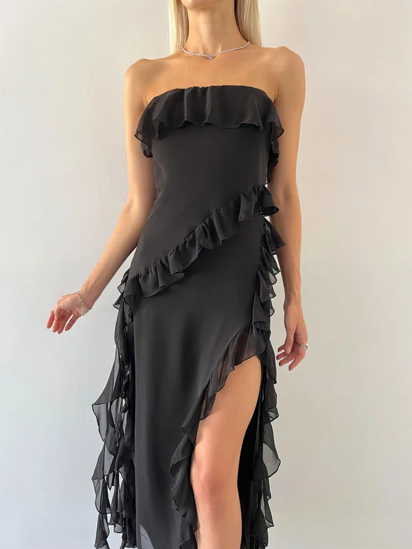 Black Ruffle Trim Split Tube Maxi Dress PT02024194