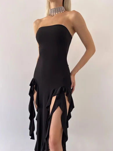 Unique Black Jersey Sheath/Column Straight Ruffle Midi Dress PT02024195