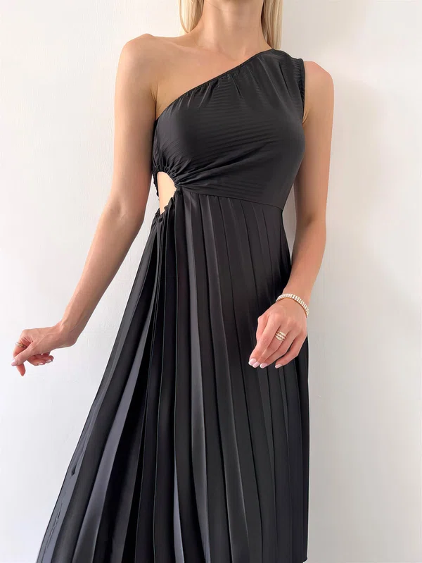 Elegant Black Chiffon A-line One Shoulder Cut Out Maxi Dress PT02024198