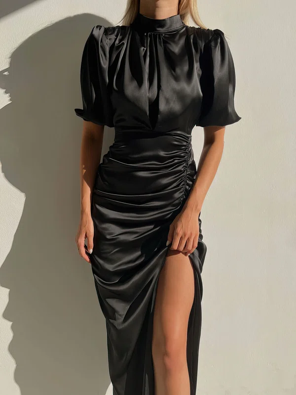 Black Drawstring High Neck Satin Split Maxi Dress PT02024207