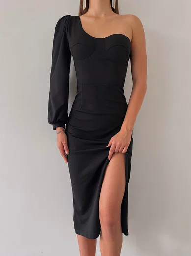 Elegant Black Sheath/Column One Shoulder Split Midi Dress PT02024210