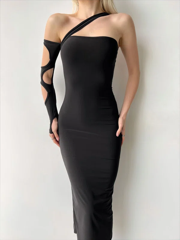 Unique Black Jersey Sheath/Column One Shoulder Midi Dress PT02024219