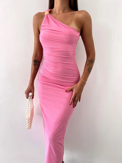 Pink Ruched One Shoulder Bodycon Maxi Dress PT02024234