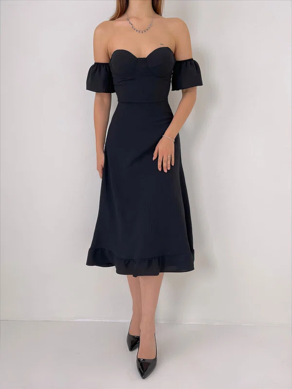 Modest Black Stretch Crepe A-line Ruffle Midi Dress PT02024235