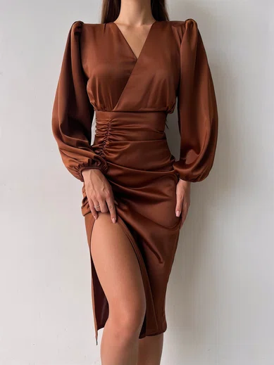 Modest Sheath/Column Satin V-neck Split Ruched Midi Dress PT02024238
