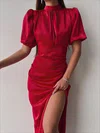 Modest Sheath/Column Satin High Neck Ruched Split Midi Dress PT02024239