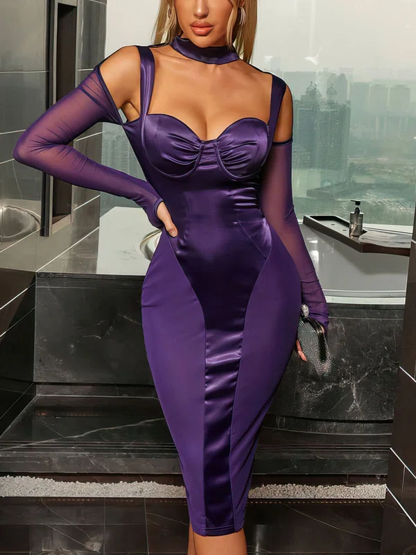 Unique Sheath/Column Satin Long Sleeve Ruched Midi Dress PT02024339