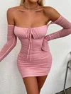 Petite Bodycon Tulle Long Sleeve Ruched Mini Dress PT02024344