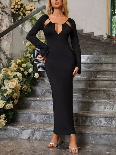 Modest Black Jersey Sheath/Column V-neck Cut Out Maxi Dress PT02024355