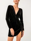 Black Long Sleeve Velvet Split Mini Dress PT02024377