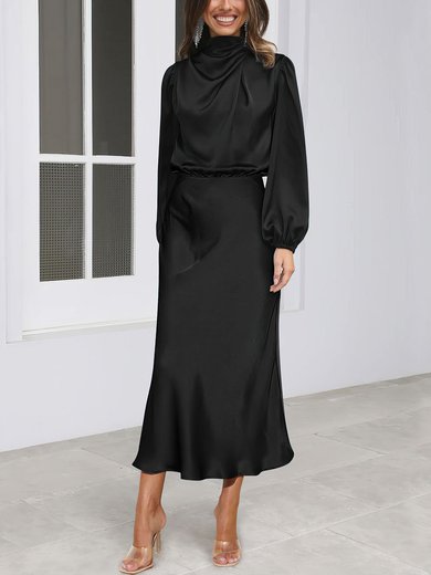 Black High Neck Long Sleeve Satin Maxi Dress PT02024379
