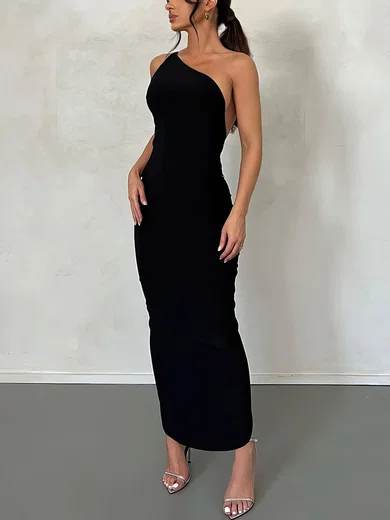 Unique Black Sheath/Column One Shoulder Ruched Maxi Dress PT02024399