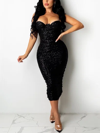 Black Sequin Split Bodycon Midi Dress PT02024415