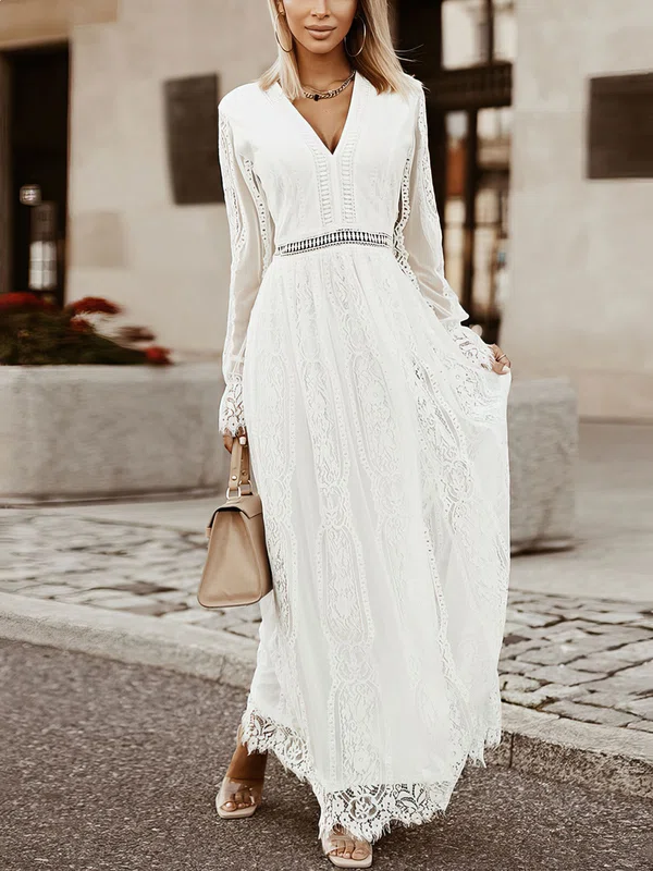 Elegant White Lace A-line V-neck Long Sleeve Maxi Dress PT02024426