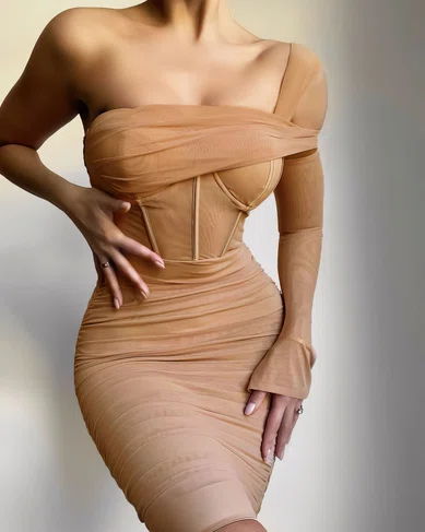 Corset Sheath/Column One Shoulder Ruched Midi Dress PT02024437