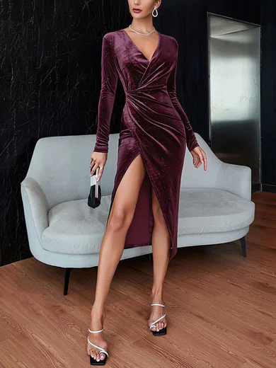 Elegant Sheath/Column Velvet Ruched Split Midi Dress PT02024451