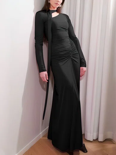 Modest Black Jersey Sheath/Column Ruched Maxi Dress PT02024454