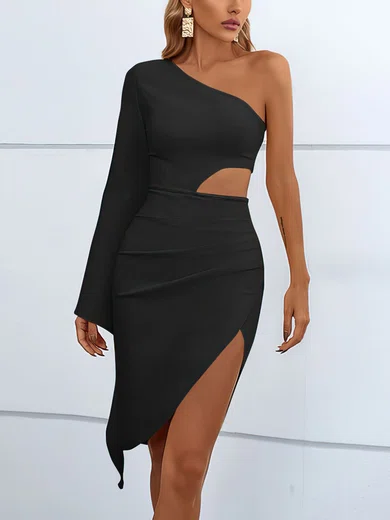 Elegant Black Sheath/Column One Shoulder Cut Out Midi Dress PT02024478