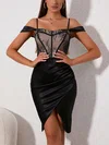 Elegant Black Lace Satin Sheath/Column Ruched Midi Dress PT02024559