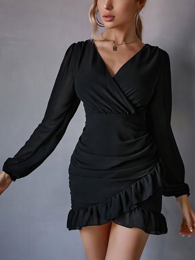 Black Ruffle Hem Long Sleeve Chiffon Bodycon Mini Dress PT02024569