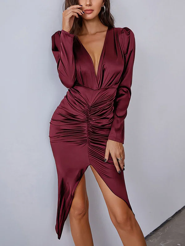 Ruched Long Sleeve Satin Asymmetrical Midi Dress PT02024581