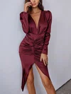 Elegant Burgundy Satin Sheath/Column Asymmetrical Midi Dress PT02024581