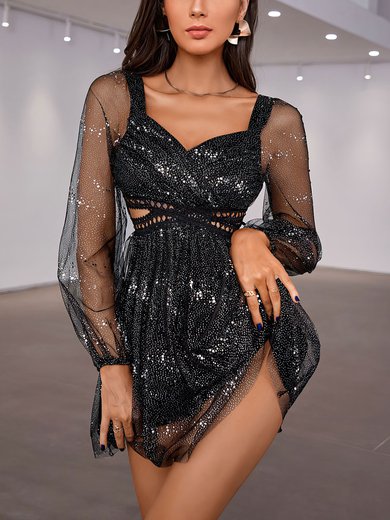Black Cut Out Long Sleeve Glitter Mini Dress PT02024614