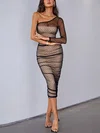 Black One Shoulder Mesh Bodycon Midi Dress PT02024629