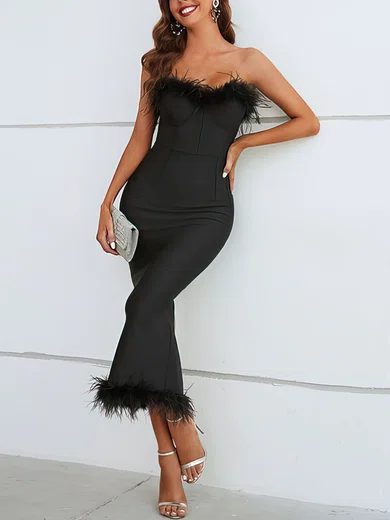 Black Fuzzy Trim  Split Bodycon Maxi Dress PT02024663