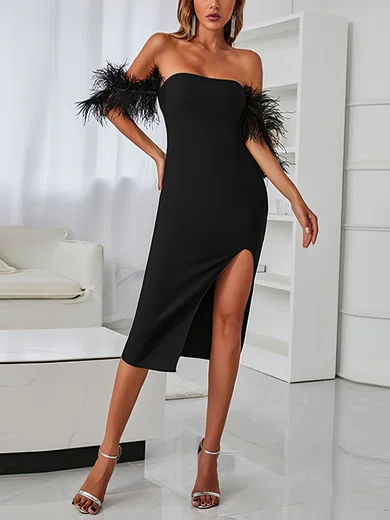 Black Fuzzy Trim  Off Shoulder Split Midi Dress PT02024666