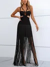 Black Fringe Trim Cut Out Maxi Dress PT02024706