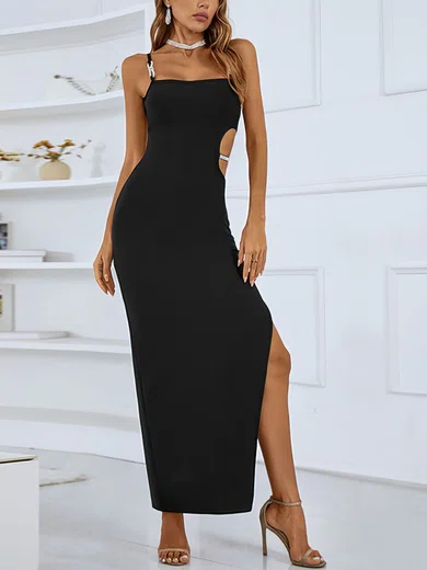 Unique Black Stretch Crepe Sheath/Column Cut Out Maxi Dress PT02024709