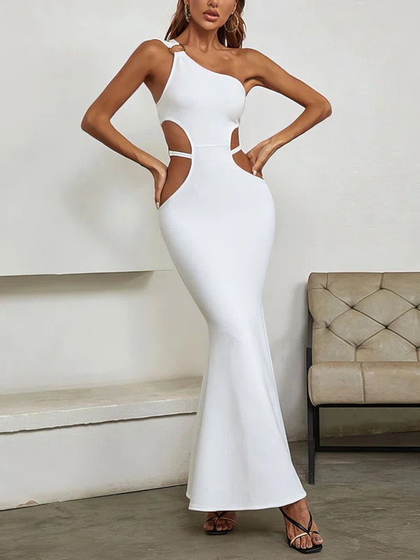 Unique White Trumpet/Mermaid One Shoulder Cut Out Maxi Dress PT02024721