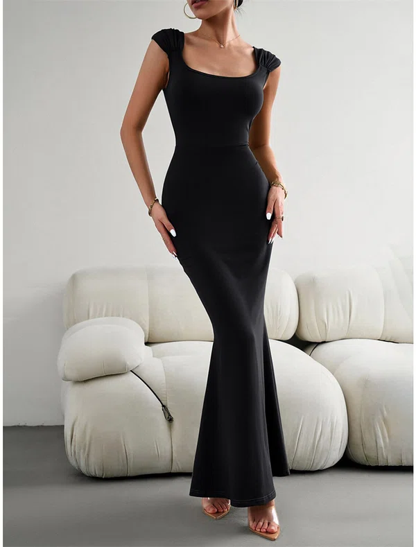 Elegant Black Trumpet/Mermaid Square Neck Maxi Dress PT02024793