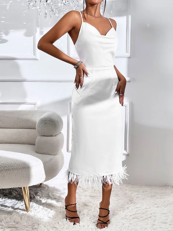 Elegant White Sheath/Column V-neck Feathers Midi Dress PT02024798