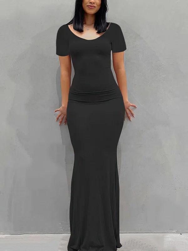 Modest Black Jersey Sheath/Column V-neck Maxi Dress PT02024805