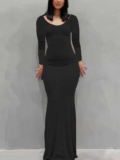 Modest Black Jersey Sheath/Column Long Sleeve Maxi Dress PT02024806
