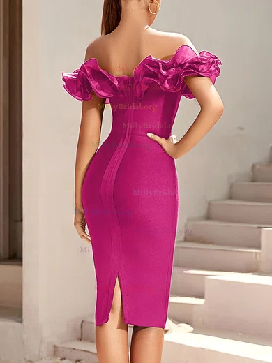 Fuchsia Off Shoulder Ruffle Trim Split Back Bodycon Midi Dress millybridal