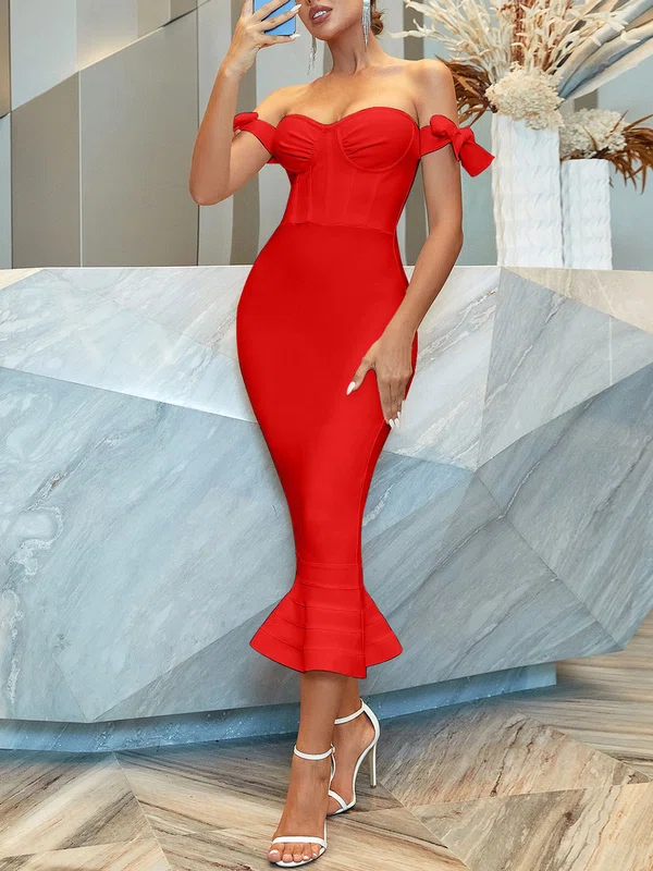 Corset Red Trumpet/Mermaid Bow Ruffle Midi Dress PT02024838