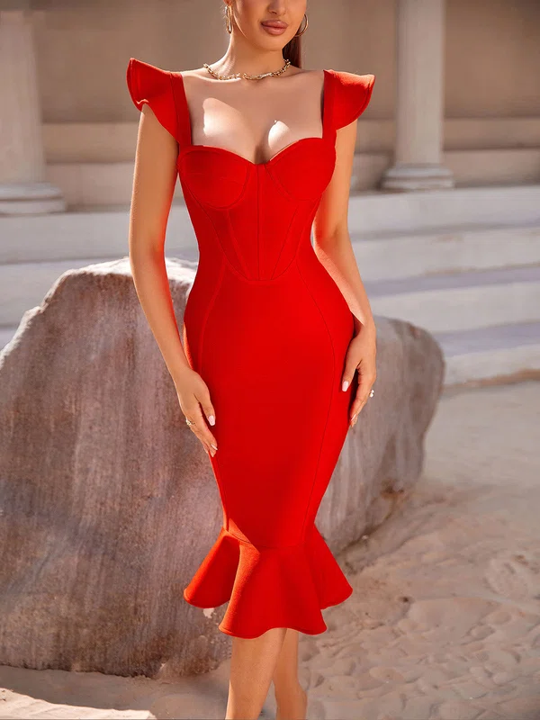 Corset Red Trumpet/Mermaid Sweetheart Ruffle Midi Dress PT02024863