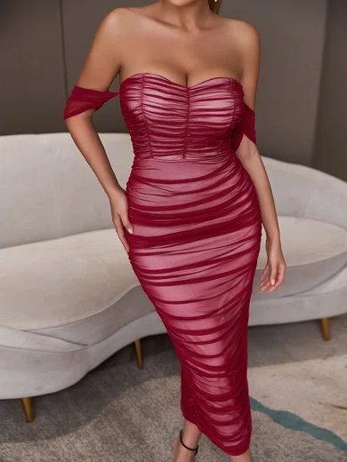 Unique Burgundy Sheath/Column Ruched Split Maxi Dress PT02024872