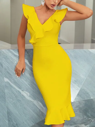 Elegant Trumpet/Mermaid V-neck Ruffle Midi Dress PT02024892