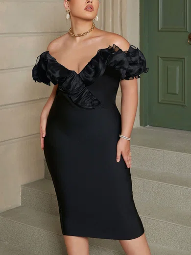 Elegant Black Stretch Crepe Sheath/Column Ruffle Midi Dress PT02024962