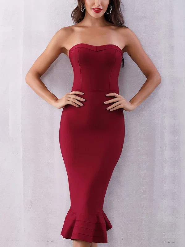 Elegant Burgundy Trumpet/Mermaid Sweetheart Ruffle Midi Dress PT02025041