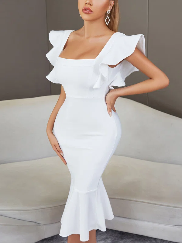 Elegant White Stretch Crepe Trumpet/Mermaid Ruffle Midi Dress PT02025052