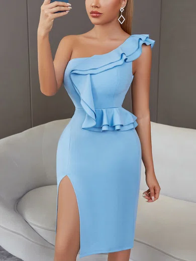 Elegant Sheath/Column One Shoulder Split Ruffle Midi Dress PT02025053