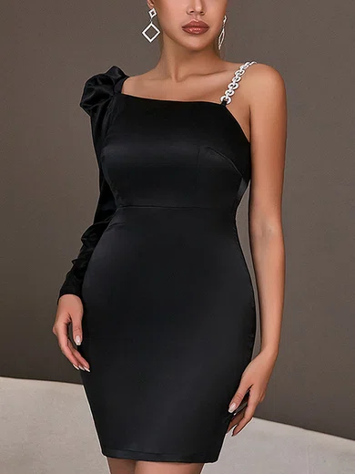 Modest Black Satin Bodycon Long Sleeve Mini Dress PT02025062