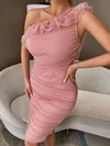 Cute Sheath/Column Tulle One Shoulder Ruffle Ruched Midi Dress PT02025070