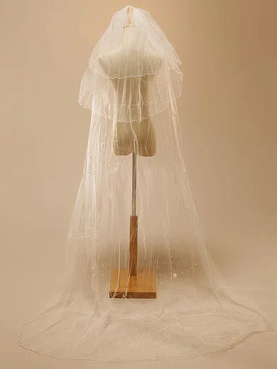 Elegant Three-tier Tulle Pencil Edge Wedding Veils with Beading #03010008